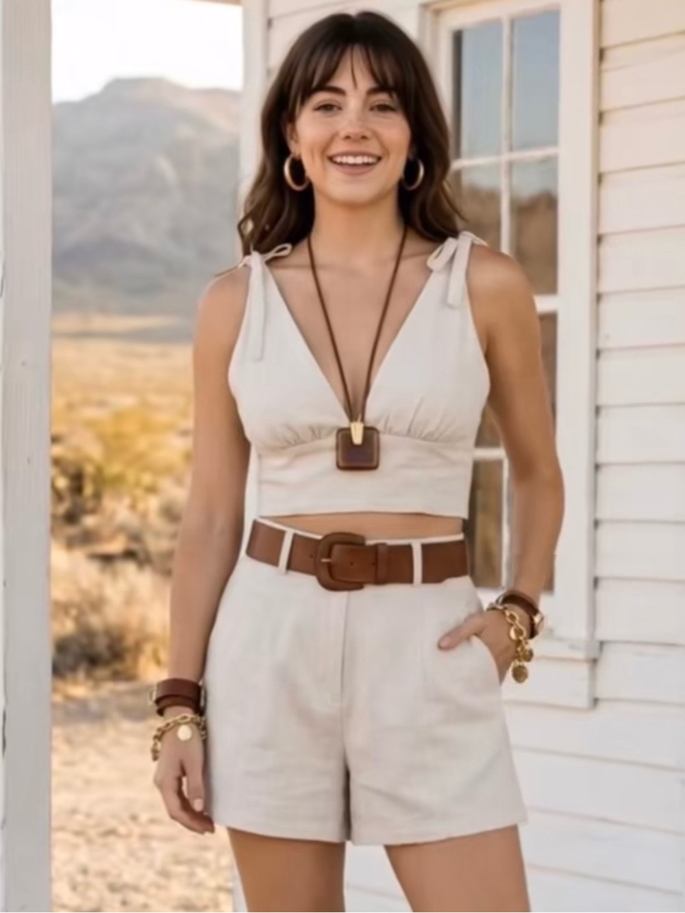 Tie-Shoulder Cream Crop Tank Top & Shorts - Casual Summer Essential XL